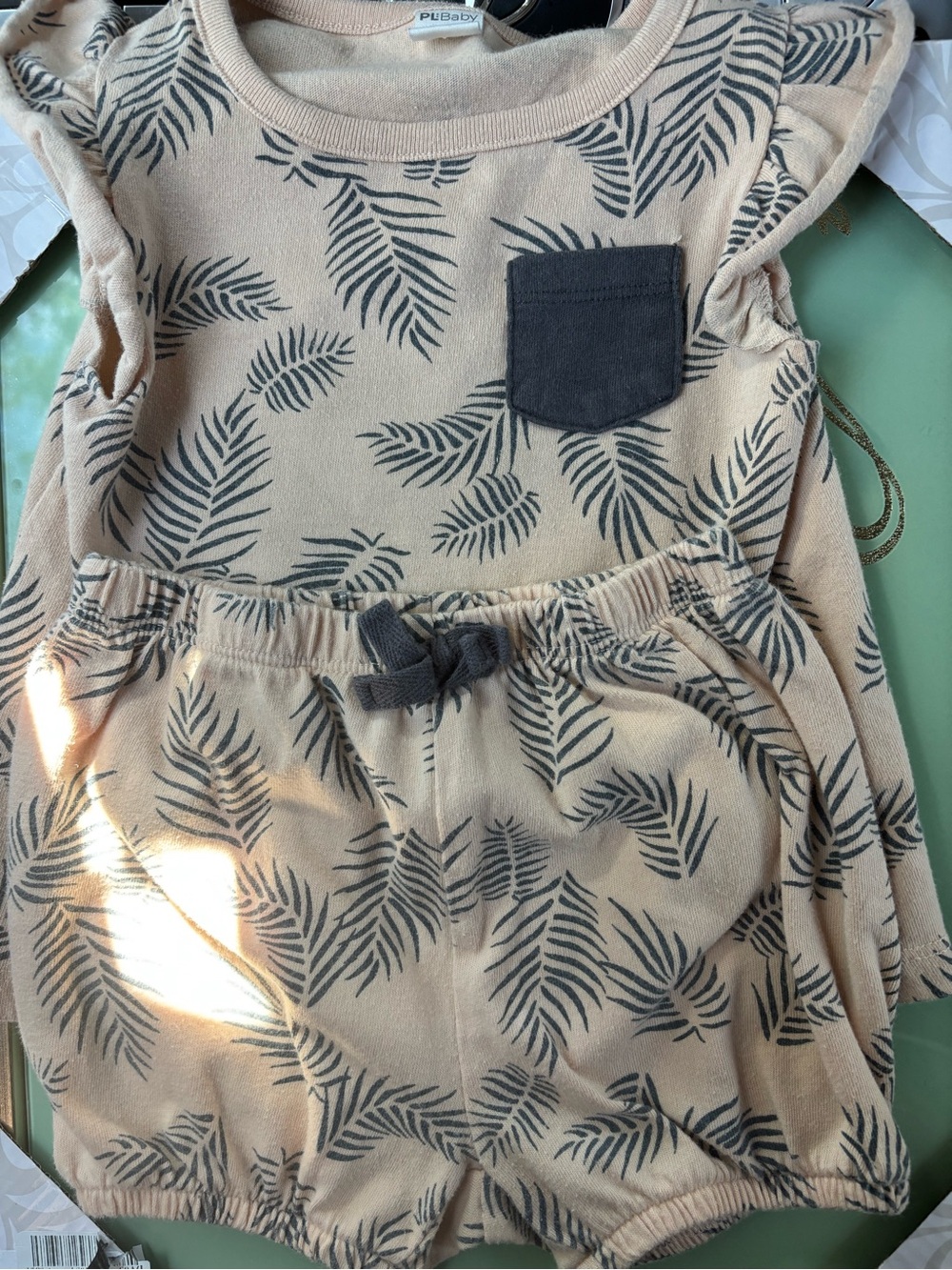PU Baby Tan Palm-Print Girls' Matching Set with Black Pocket